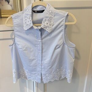 Lightly worn Zara Light Blue Striped Sleeveless Shirt with White Lace